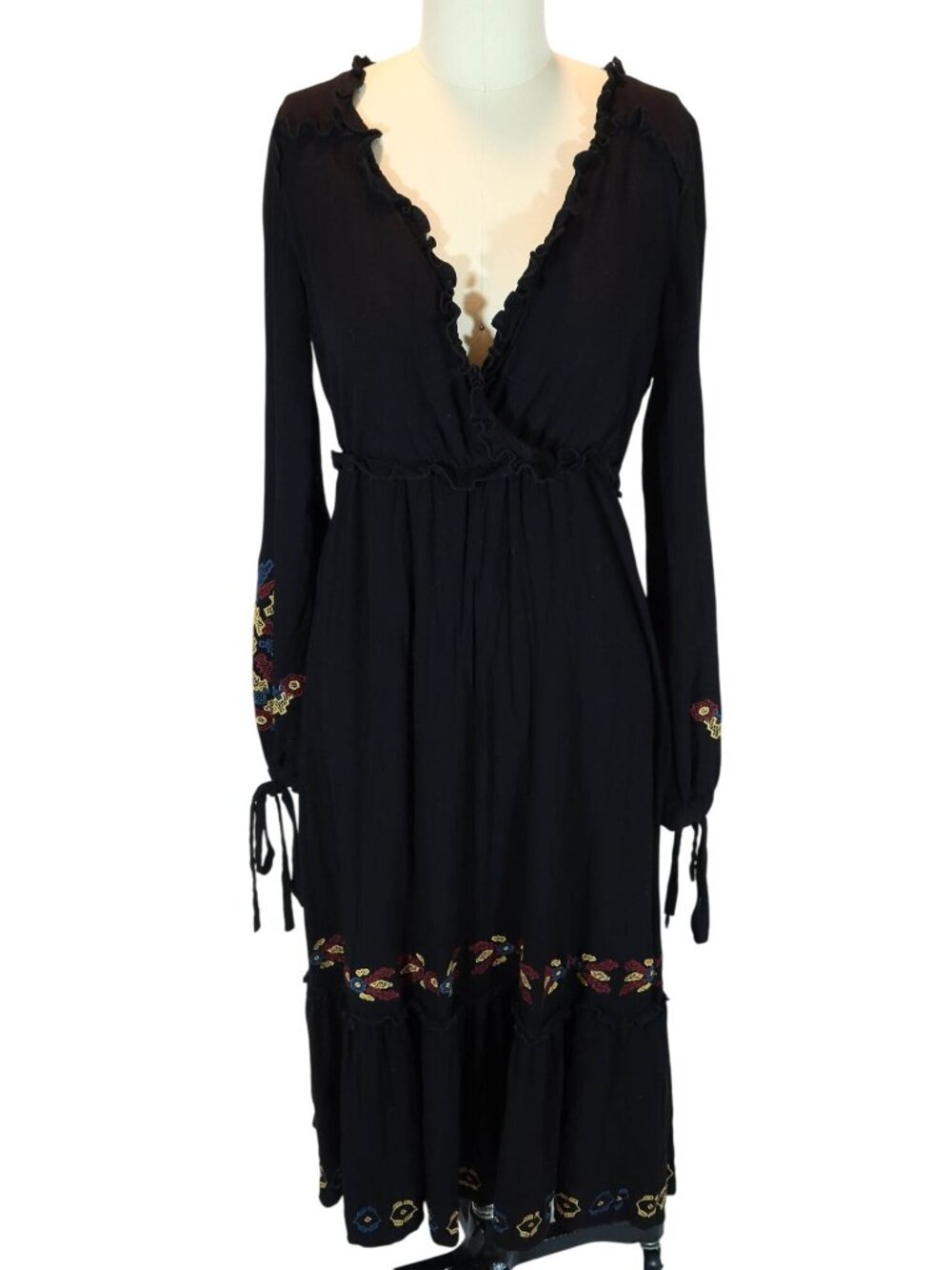 Embroidered Balloon Sleeve Gauze Midi Dress Size XS Boho Witchy Dark Romantic